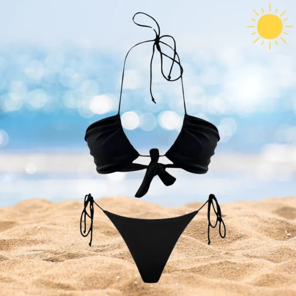 Black Layla & Chloe bikini set with adjustable ties and tan-through fabric.