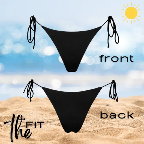Black mid-rise Chloe bikini bottom with adjustable tie sides for a perfect fit.
