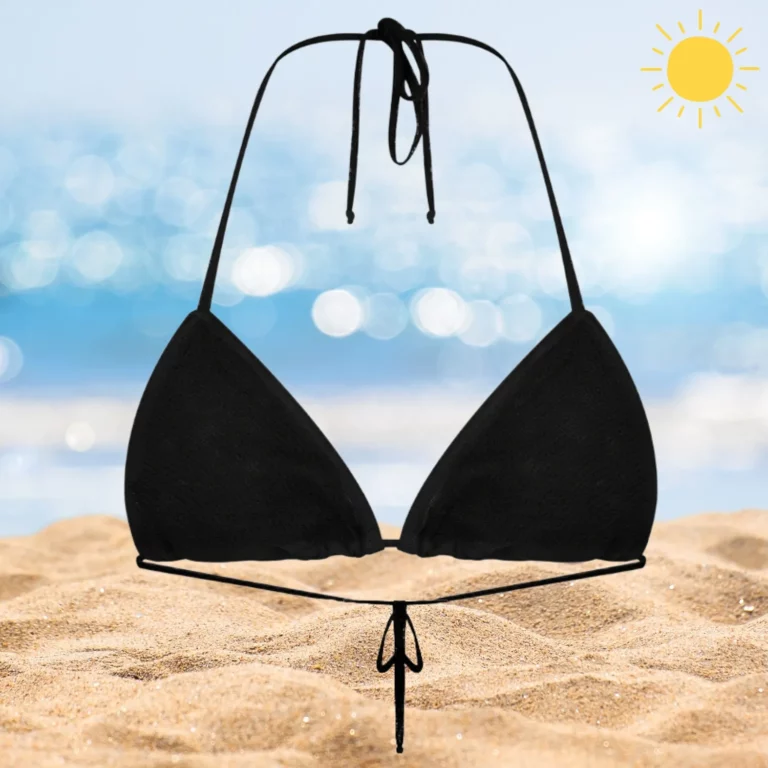 Elegant black Kira bikini top with adjustable ties and teardrop design.