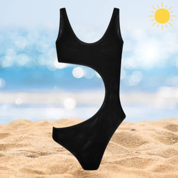 Sienna One Piece, black, tan-through, high-waisted swimsuit with adjustable back ties.