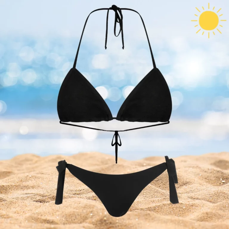 Stylish Kira & Ava black bikini set with adjustable ties and tan-through fabric.