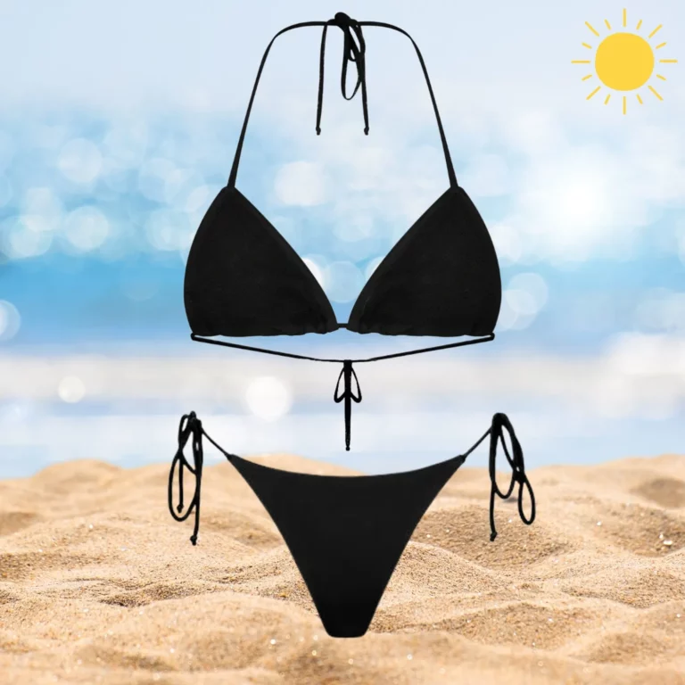 Black Kira & Chloe bikini set with adjustable ties and tan-through fabric.