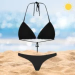 Black Kira & Zara beachwear set with adjustable ties and cheeky coverage.