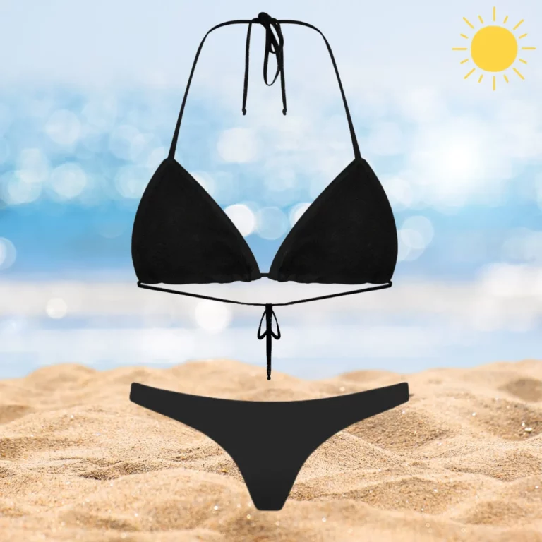 Black Kira & Zara beachwear set with adjustable ties and cheeky coverage.