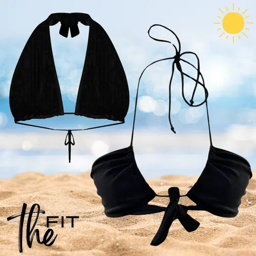 Adjustable Layla triangle bikini top in black tan-through fabric.