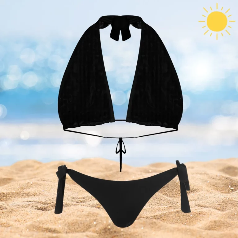 Chic Layla & Ava black beachwear set with adjustable ties and tan-through fabric.