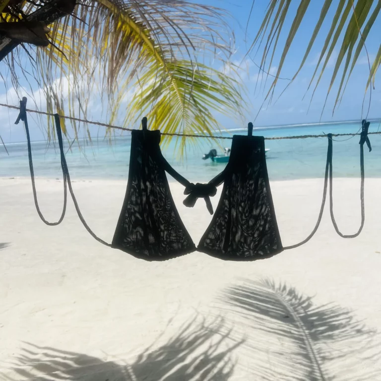 Black Layla Top, tan-through triangle bikini with adjustable ties.