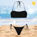 Mia & Chloe black beach set with adjustable ties and tan-through fabric.