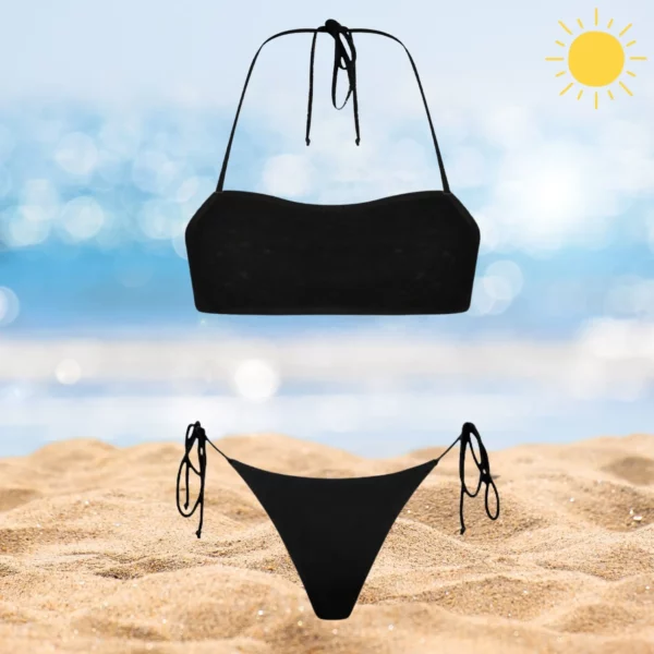 Mia & Chloe black beach set with adjustable ties and tan-through fabric.
