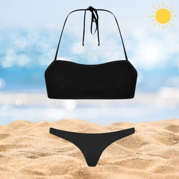 Black Mia & Zara beachwear set offering stylish comfort and minimal coverage.
