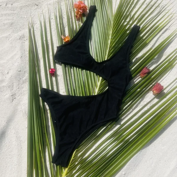 Sienna One Piece, black tan-through swimsuit with high-waisted bottom and adjustable ties.