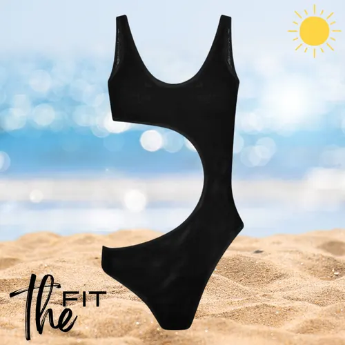 Sienna One Piece, black tan-through high-waisted swimsuit with adjustable back ties.