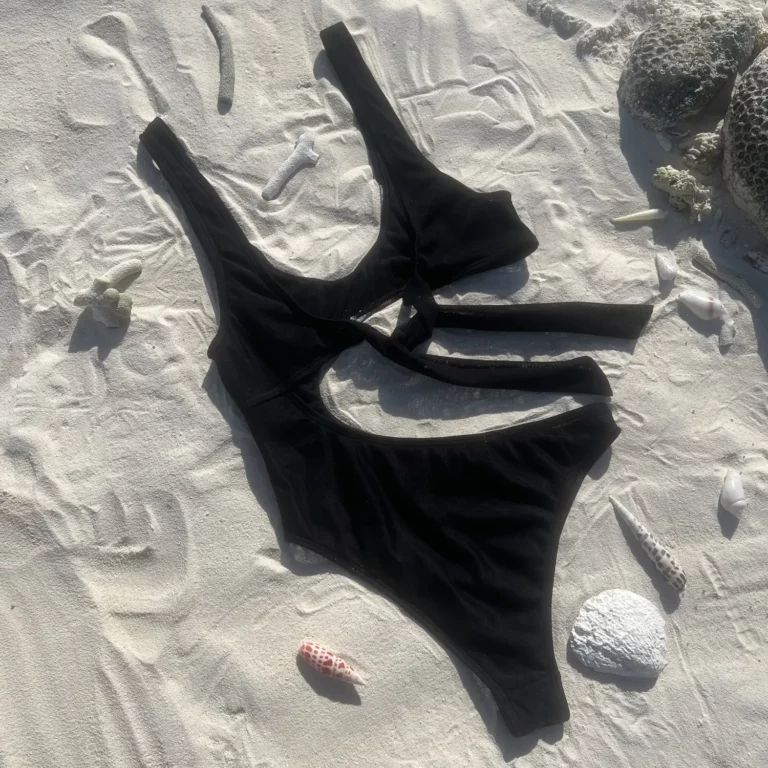 Sienna One Piece, a black tan-through high-waisted swimsuit with adjustable back ties.