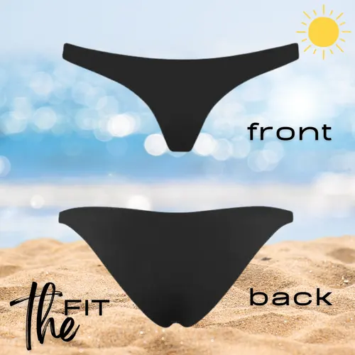 Black Zara bikini bottom with tan-through fabric for sunbathing.