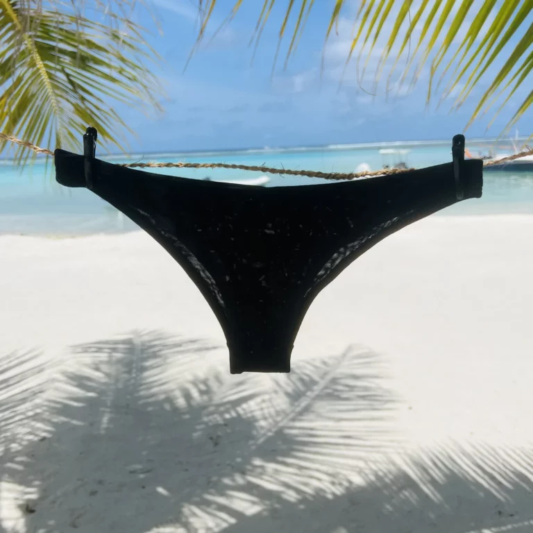Zara bikini bottom in black tan-through fabric, perfect for a flattering beach look.